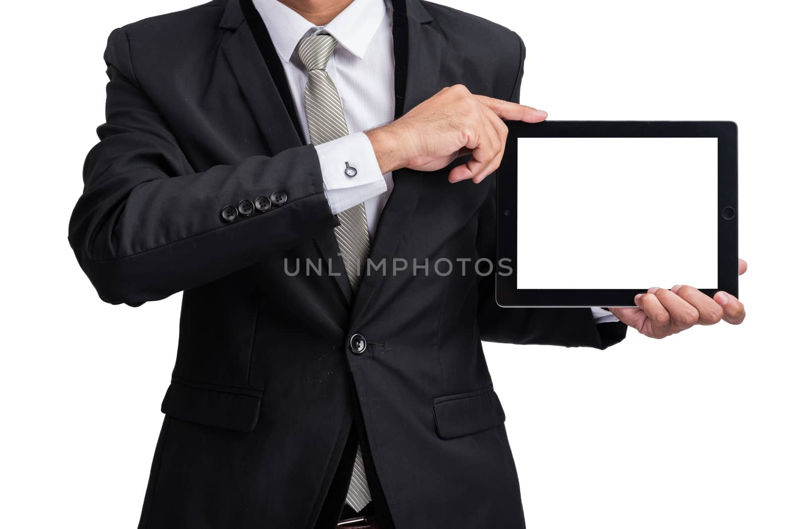 Yong businessman holding digital tablet computer showing screen display isolate on white background