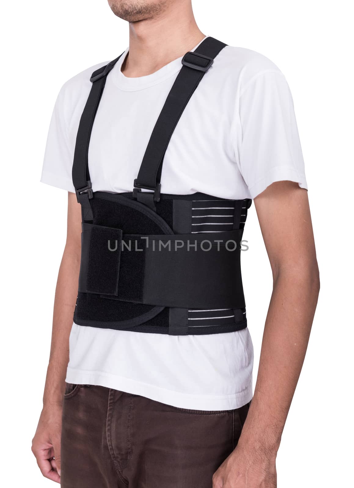 Worker man wear back support belts isolate ob white background