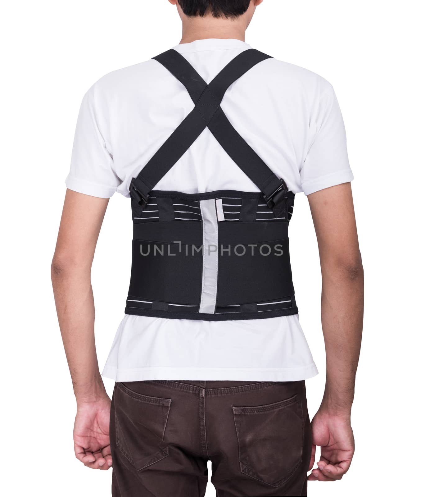 Worker man wear back support belts isolate ob white background