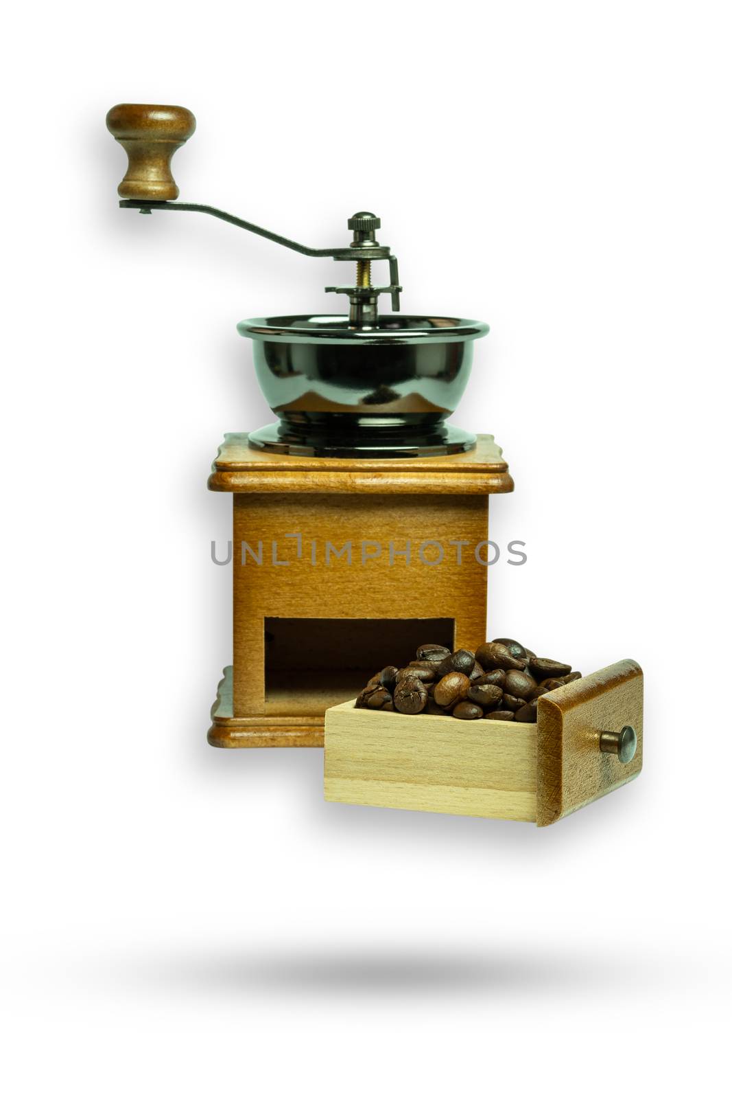 Hand grinder and coffee bean. Equipment for make a coffee. Isolate and clipping path on white background.