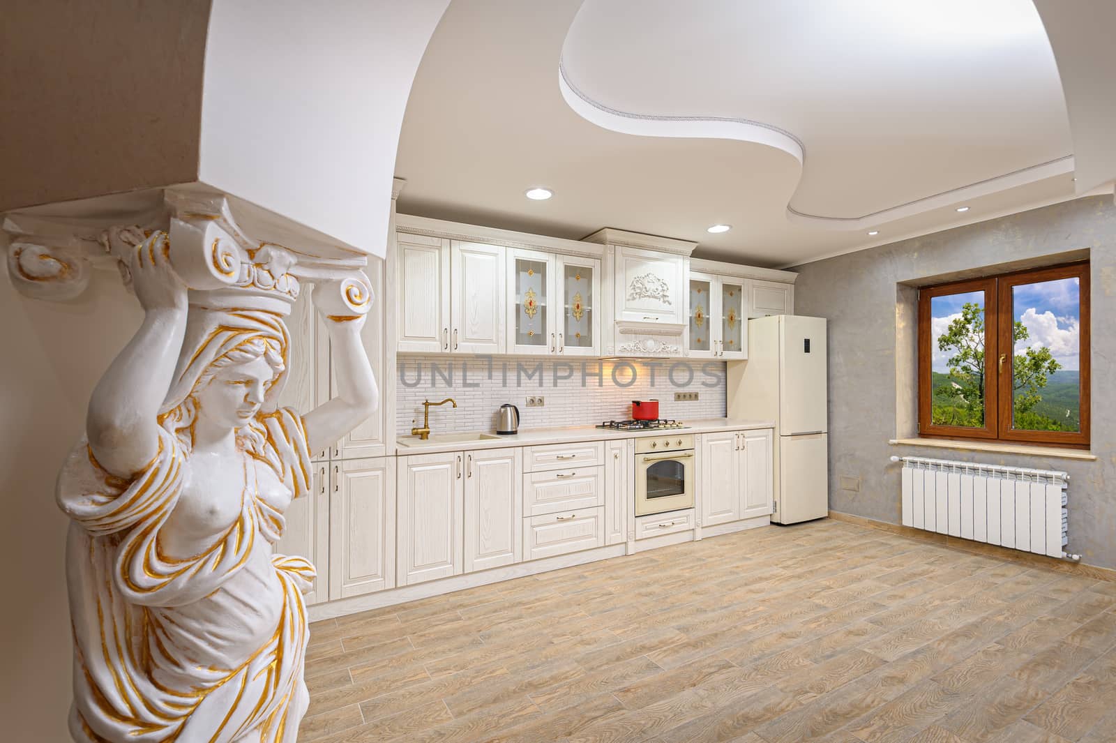 Simple and luxury modern white beige kitchen interior