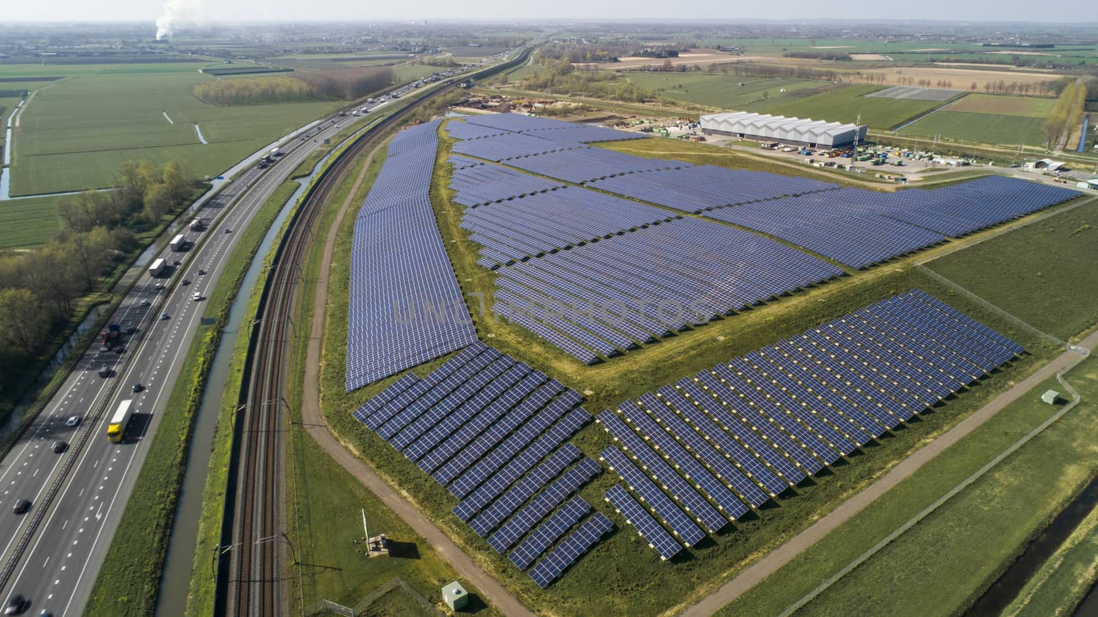 Big Solar panel farm with photovoltaic panels for clean solar energy