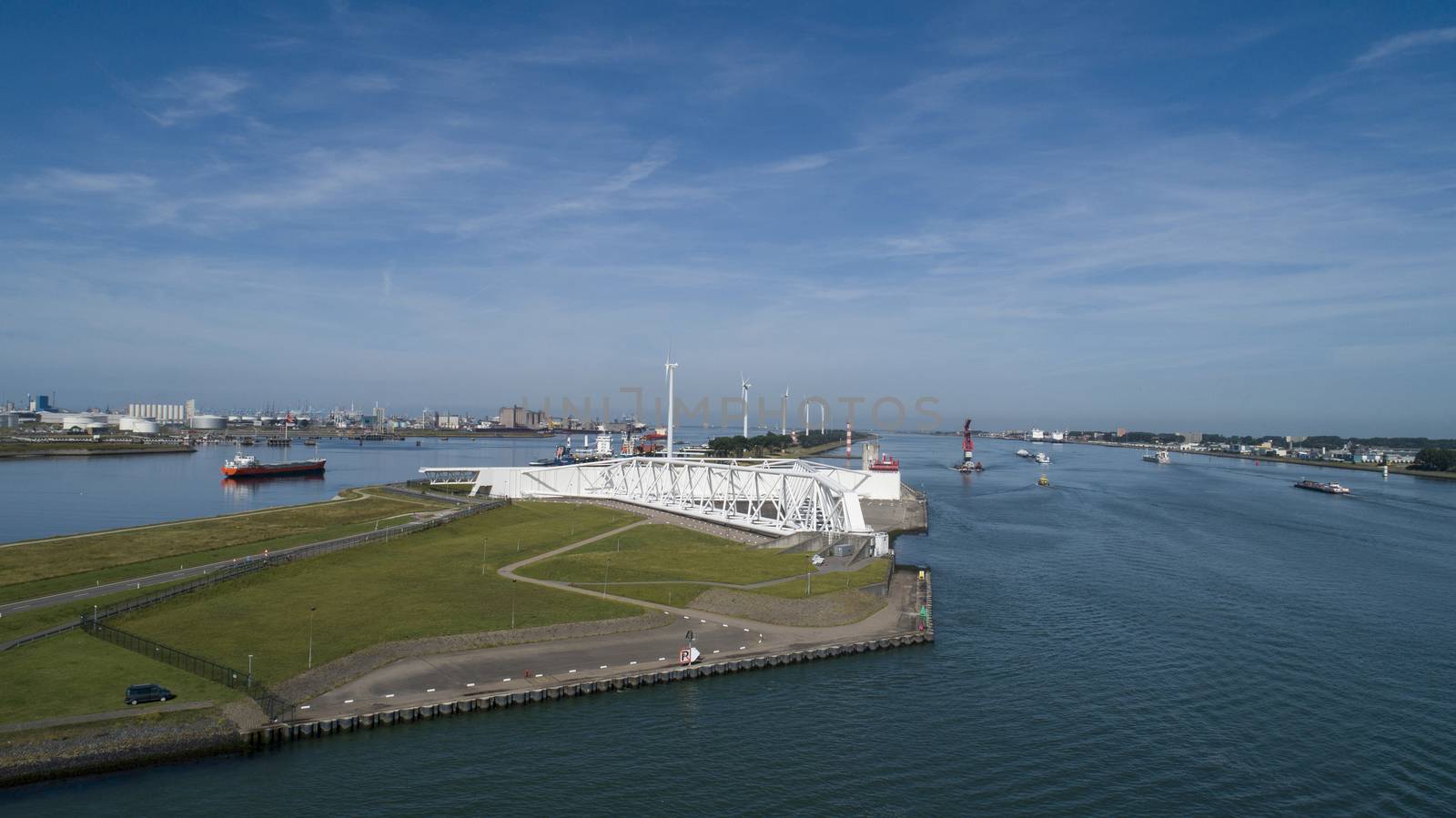 Aerial picture of Maeslantkering storm surge barrier on the Nieuwe Waterweg Netherlands it closes if the city of Rotterdam is threatened by floods and is one of largest moving structures on earth