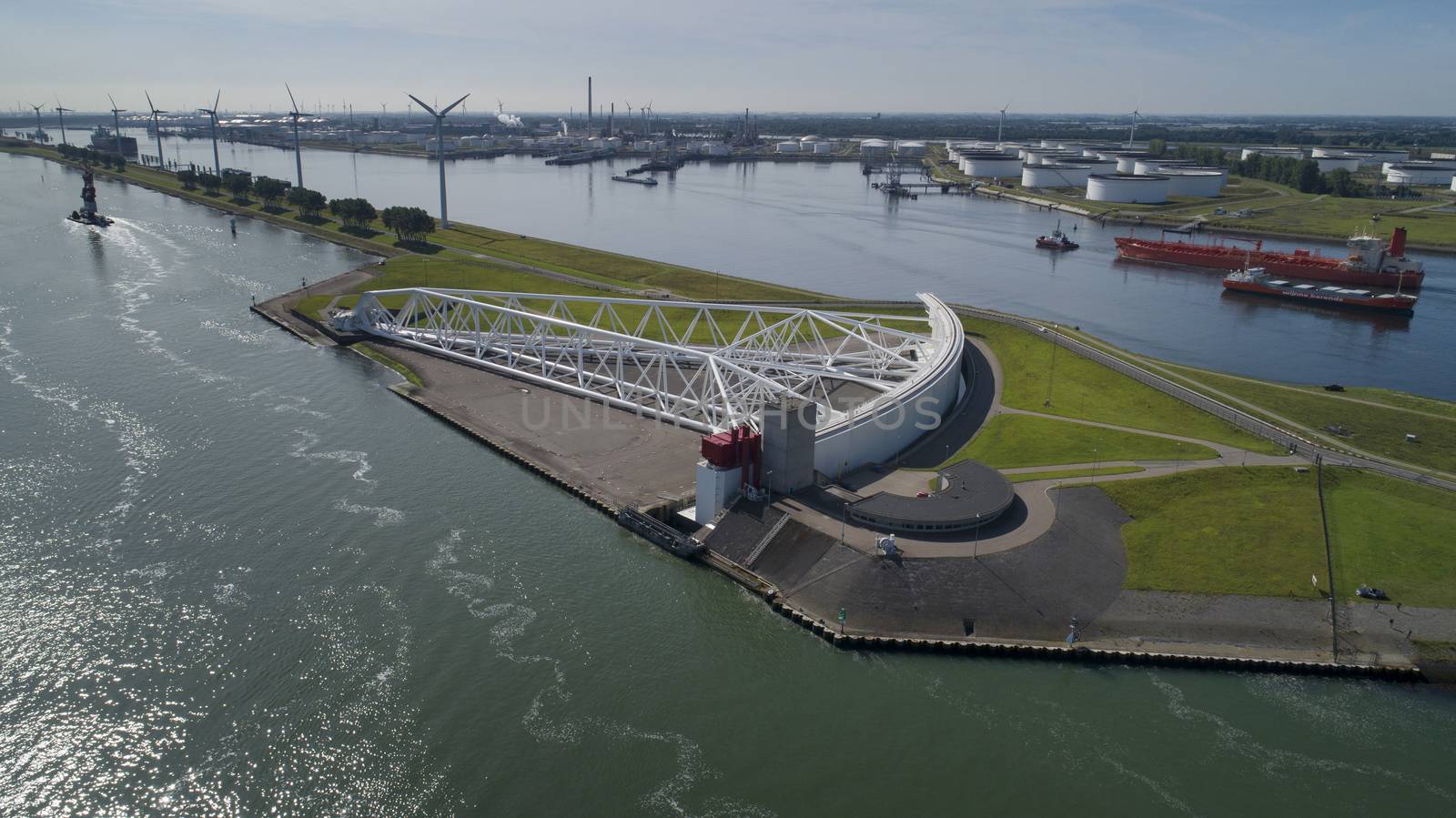 Aerial picture of Maeslantkering storm surge barrier on the Nieuwe Waterweg Netherlands it closes if the city of Rotterdam is threatened by floods and is one of largest moving structures on earth