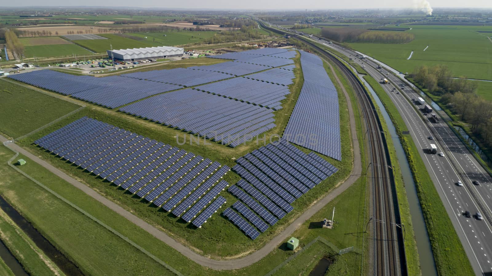 Solar panel farm with photovoltaic panels for clean solar energy