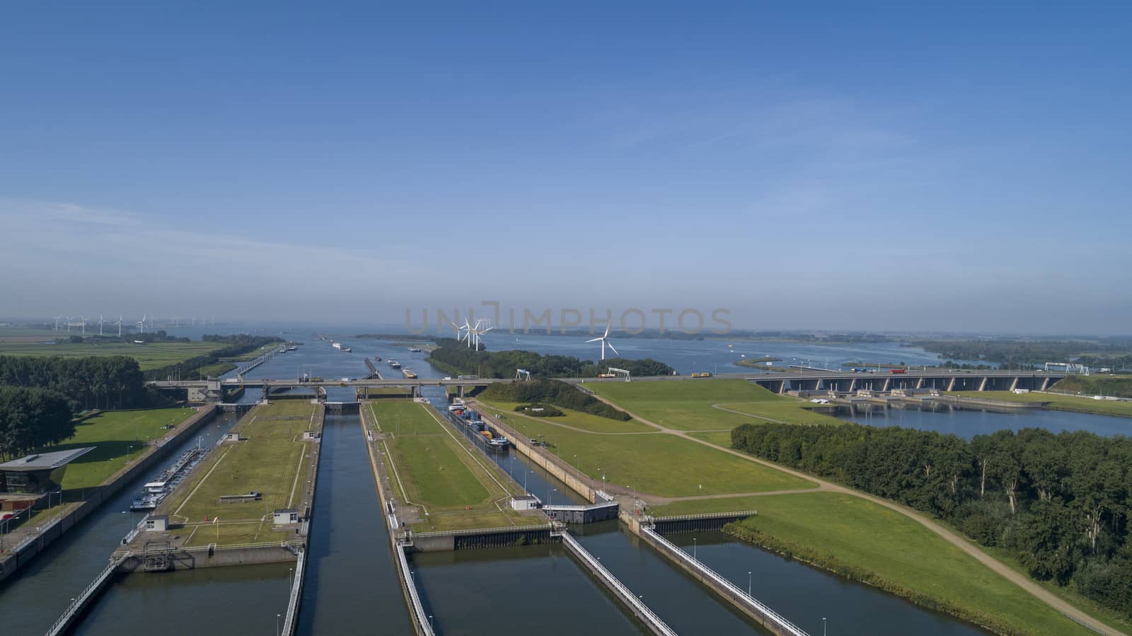 Volkeraksluizen Hollands Diep. Drone photograpy from the delta works in the netherlands in the Netherlands