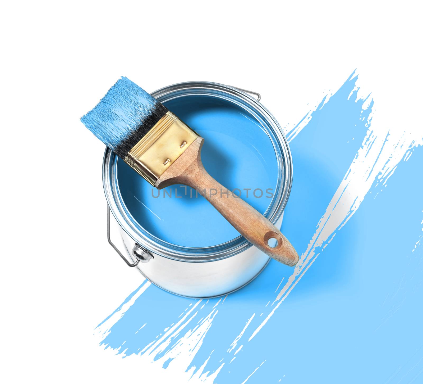 Blue paint tin can with brush on top on a white background with Blue strokes