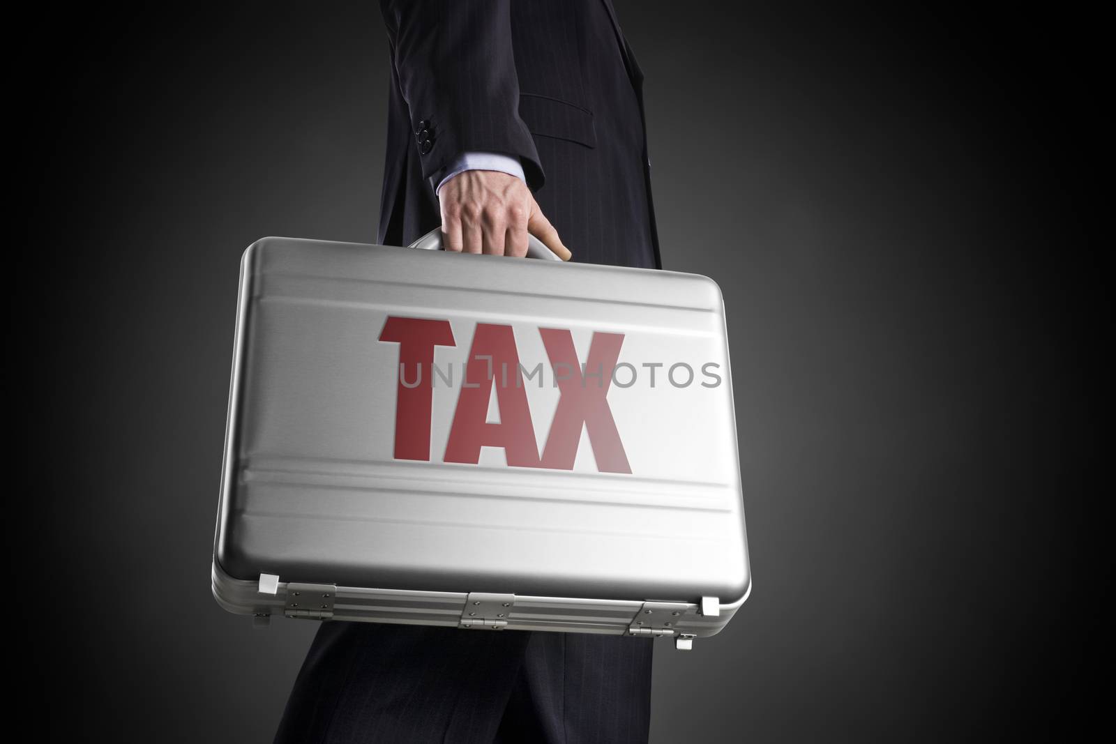 Businessman with suitcase with letters TAX on a dark background with circle gradient