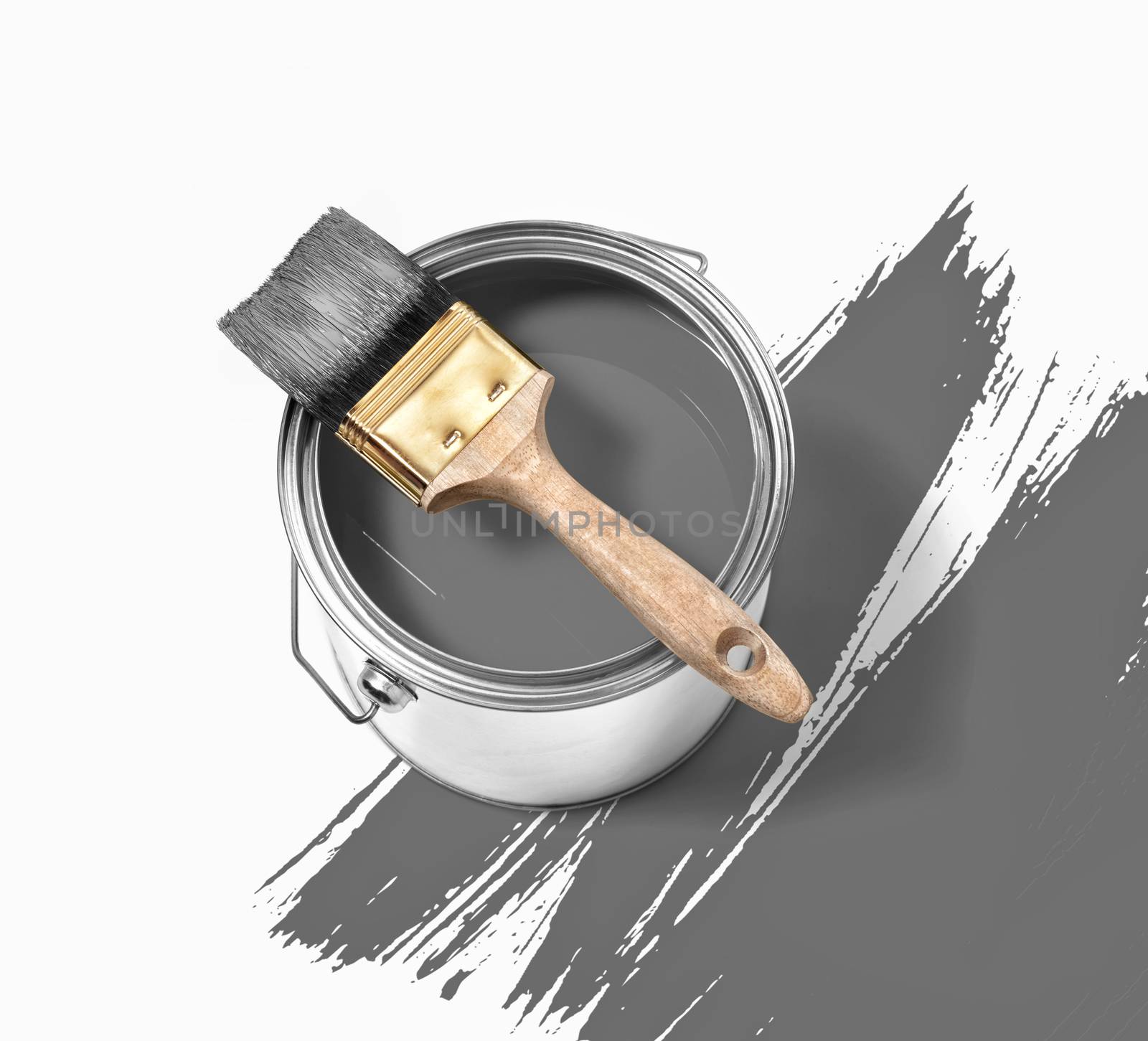 Grey paint tin can with brush on top on a white background with grey strokes