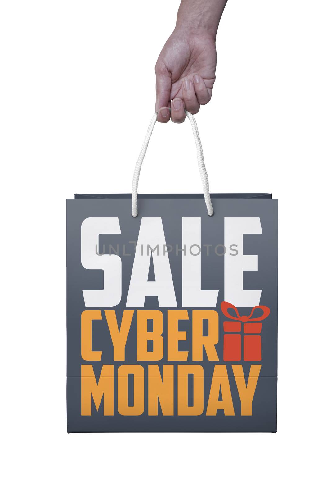 shopper with cyber monday paperbag, PC mouse, laptop. ticket lab by Tjeerdkruse