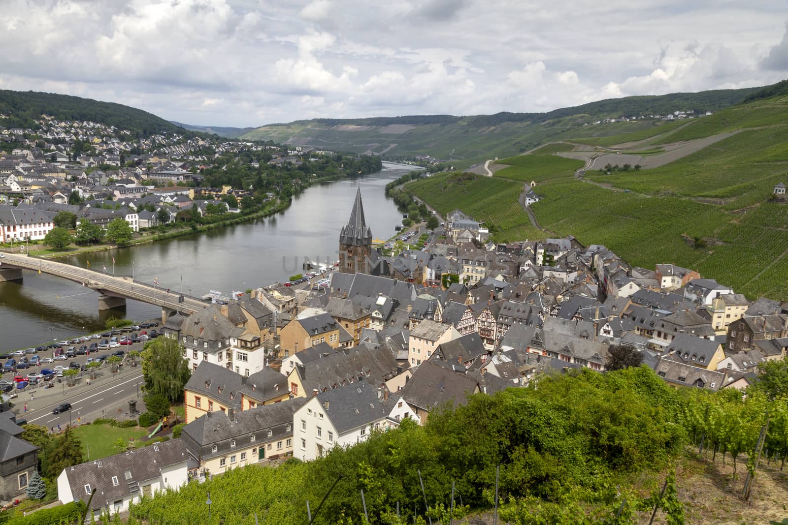 The Mosel valley from top of the Mosel valley bridge close to Winningen in Germany - Image