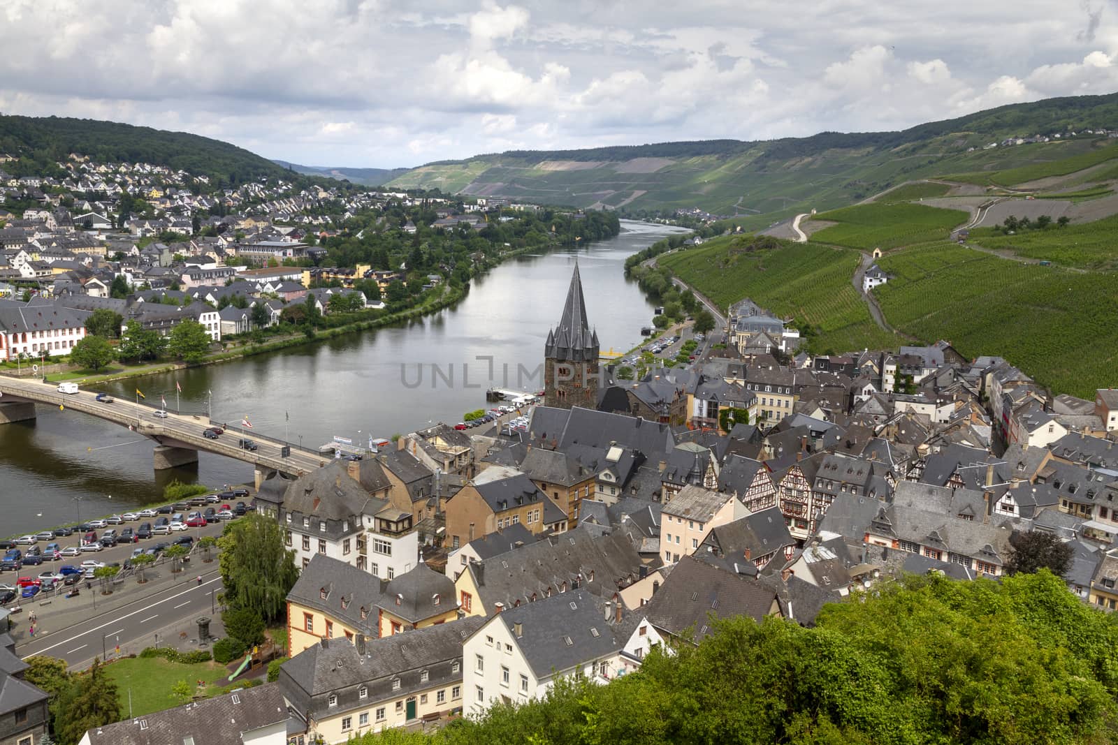 Panoramic landscape with autumn vineyards and small town. Mosel, Germany - Image