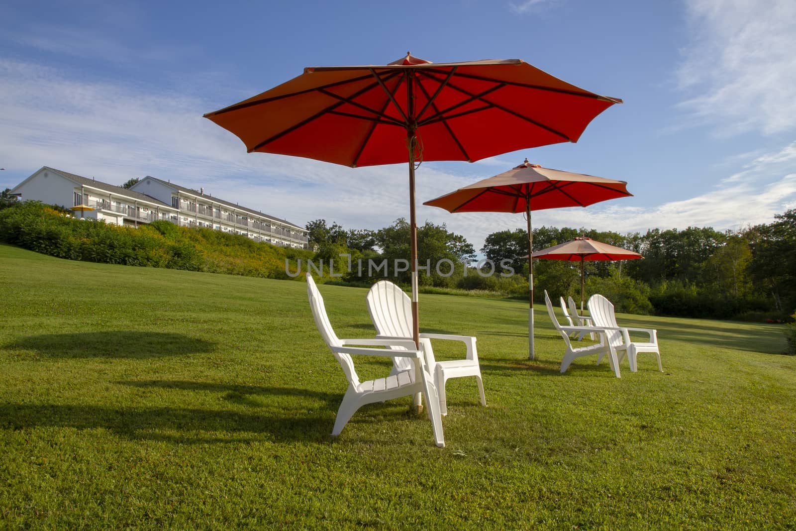 plastic chairs and umbrella on grass in the sun and blue sky