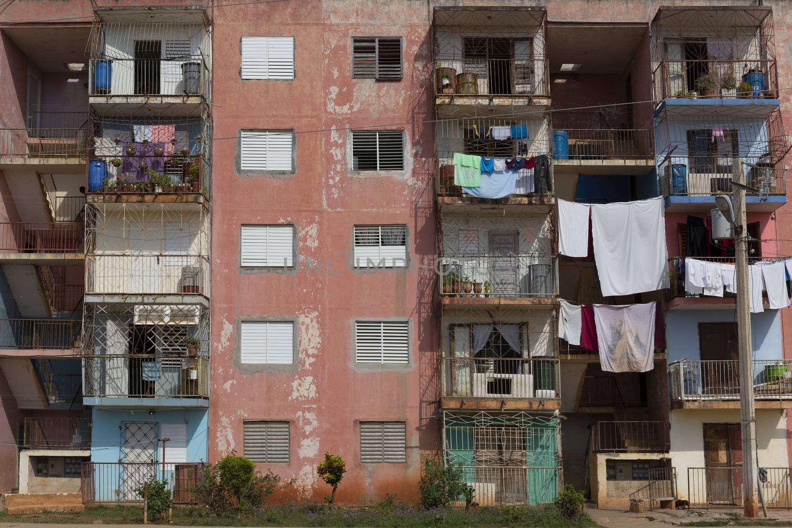 Fresh clean laundry on the balcony of old home, Havana, Cuba