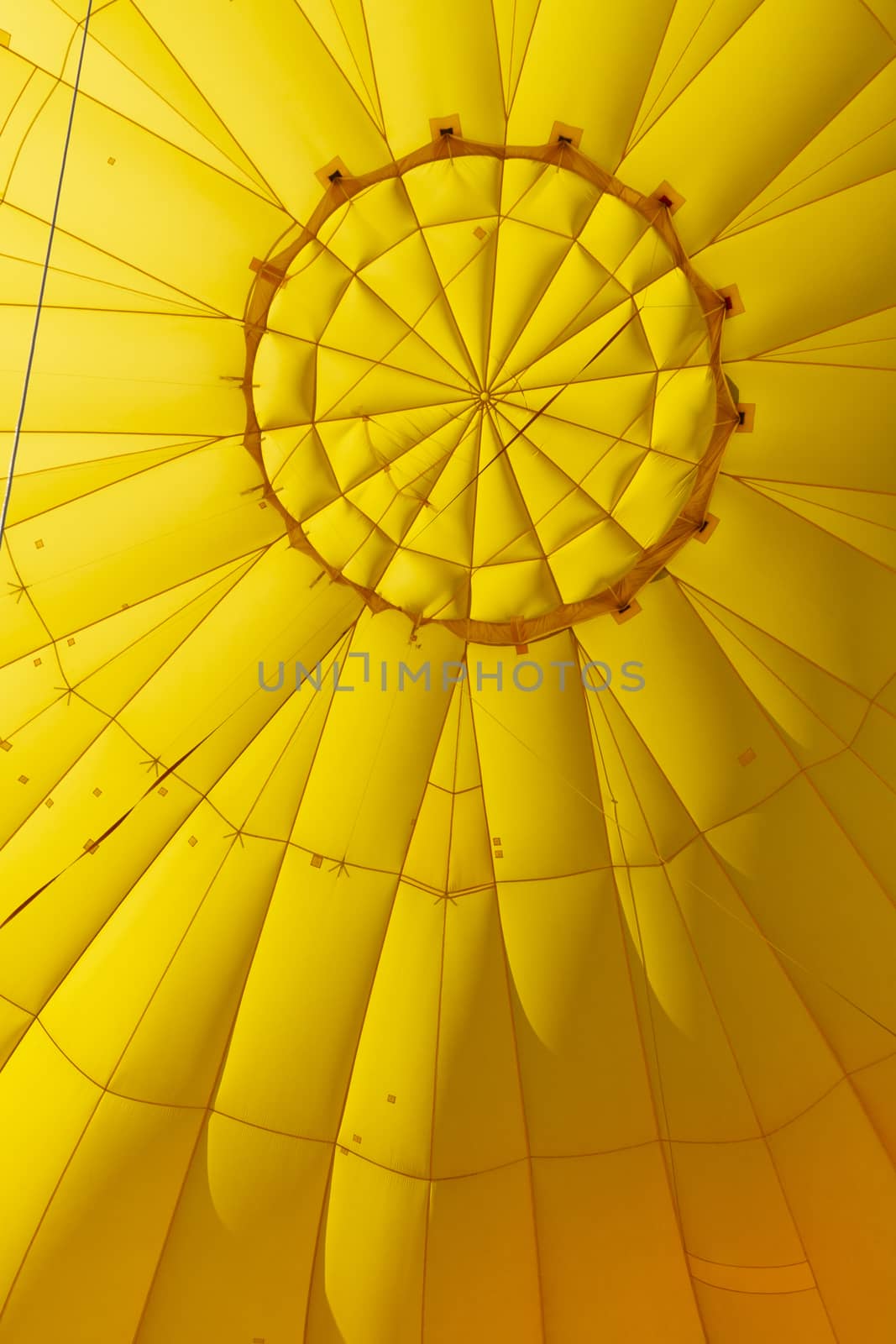 Close up of inside of colourful orange hot air balloon, USA
