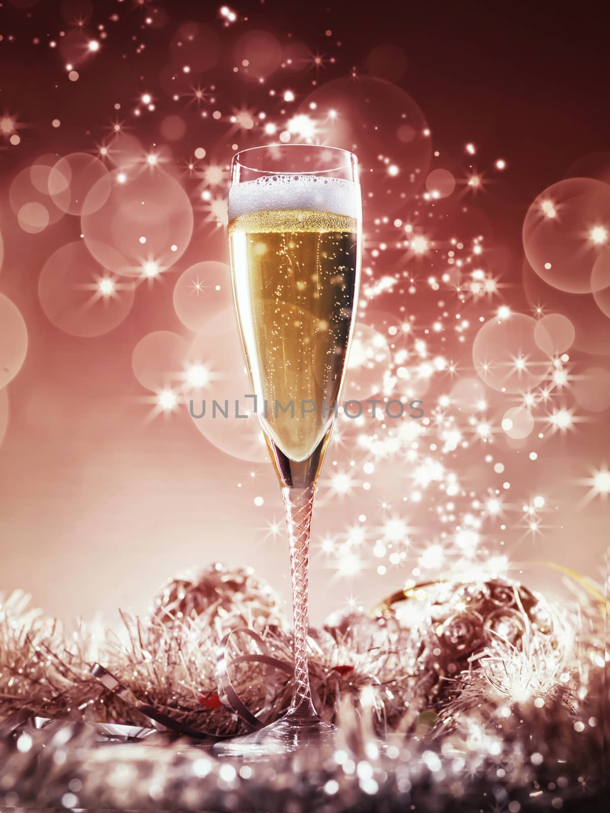 Champagne glass and red and silver decoration on silver shiny glitter love background theme