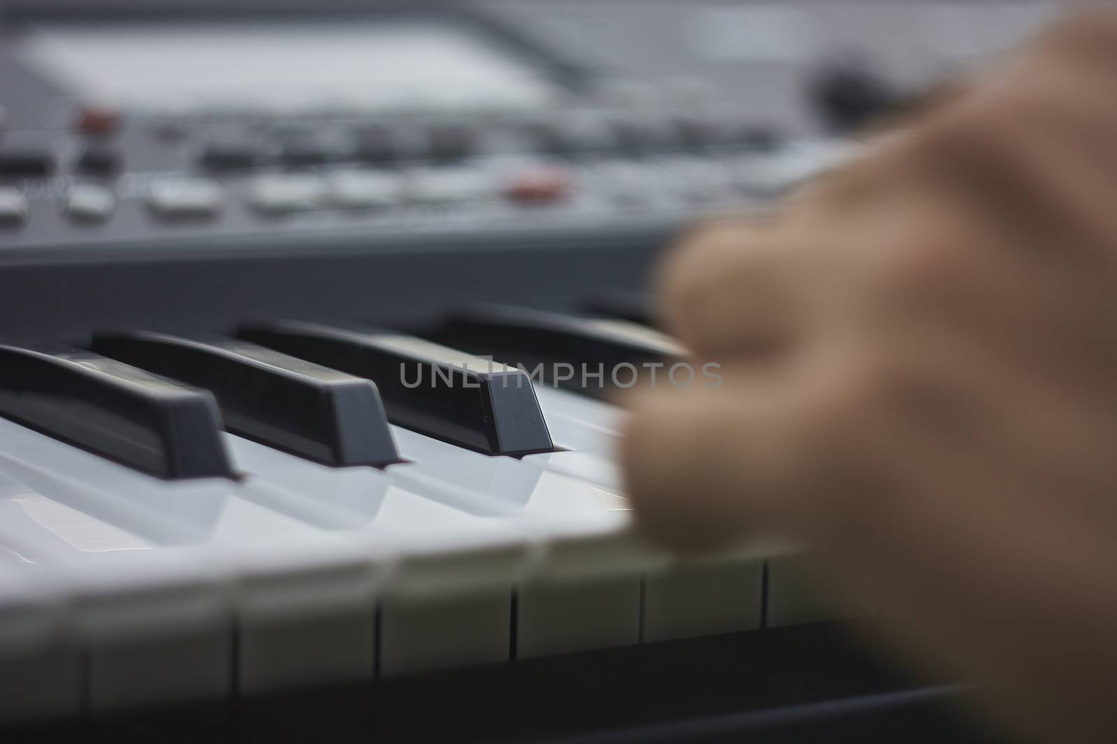 Detail of the keys of a music keyboard while playing live at a concert.