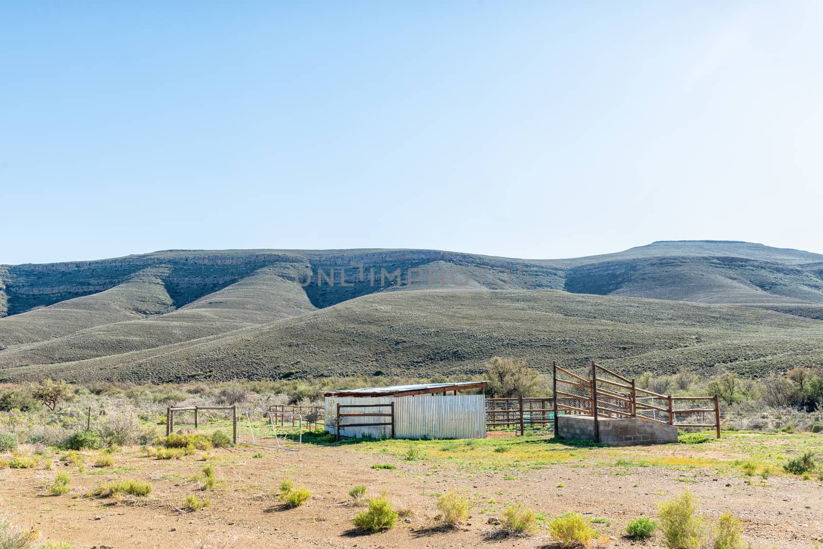 A landscape, with livestock enclosures and loading ramp, on road R356 to Ceres in the Western Cape Province