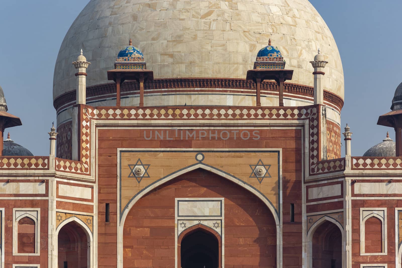 Detail of Humayun's tomb of Mughal Emperor Humayun designed by Persian architect Mirak Mirza Ghiyas in New Delhi, India