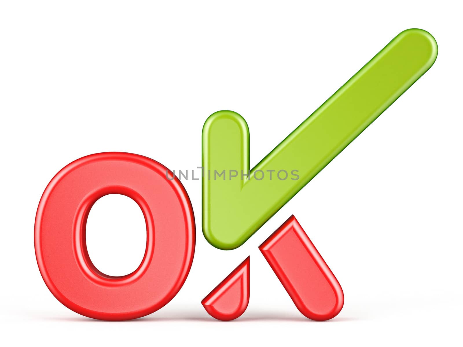 Word OK with green check mark Front view 3D render illustration isolated on white background