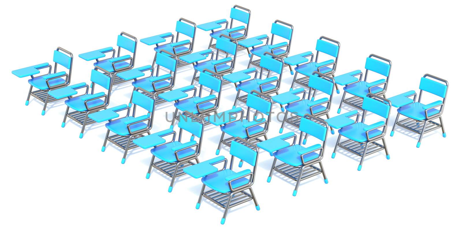 Group of twenty blue student chairs 3D render orthographic illustration isolated on white background