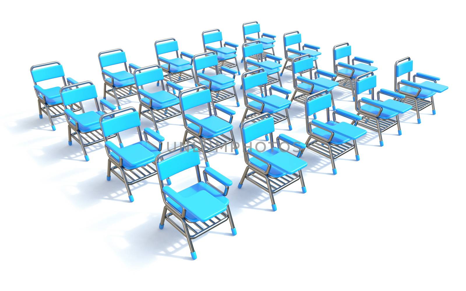 Group of twenty blue student chairs 3D render perspective by djmilic