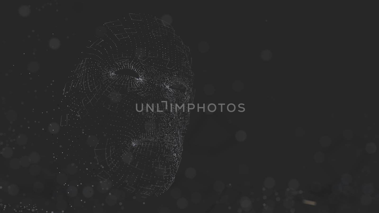 Human face consisting of luminous lines and dots. 3D illustration on a black background