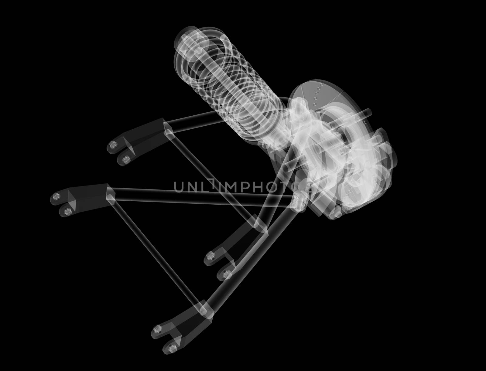 X-ray Car suspension and brake disk on black background, 3d illustration