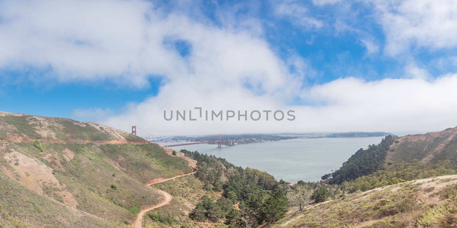 Panorama view of Golden Gate Bridge landmark from Observation Deck near Hawk Hill by trongnguyen