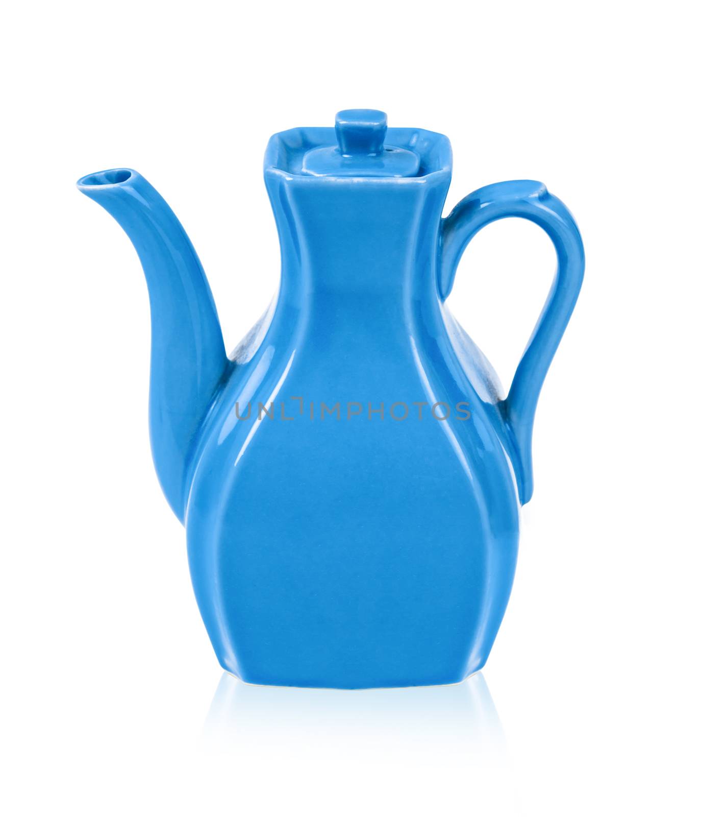 Vintage blue ceramic teapot isolated on white background, Save clipping path.