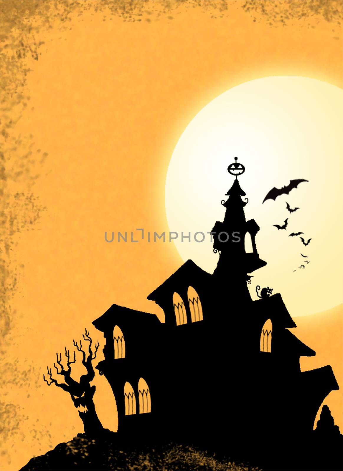 Halloween Black Haunted House Silhouette on Hill with Bats and Night Glowing Moon