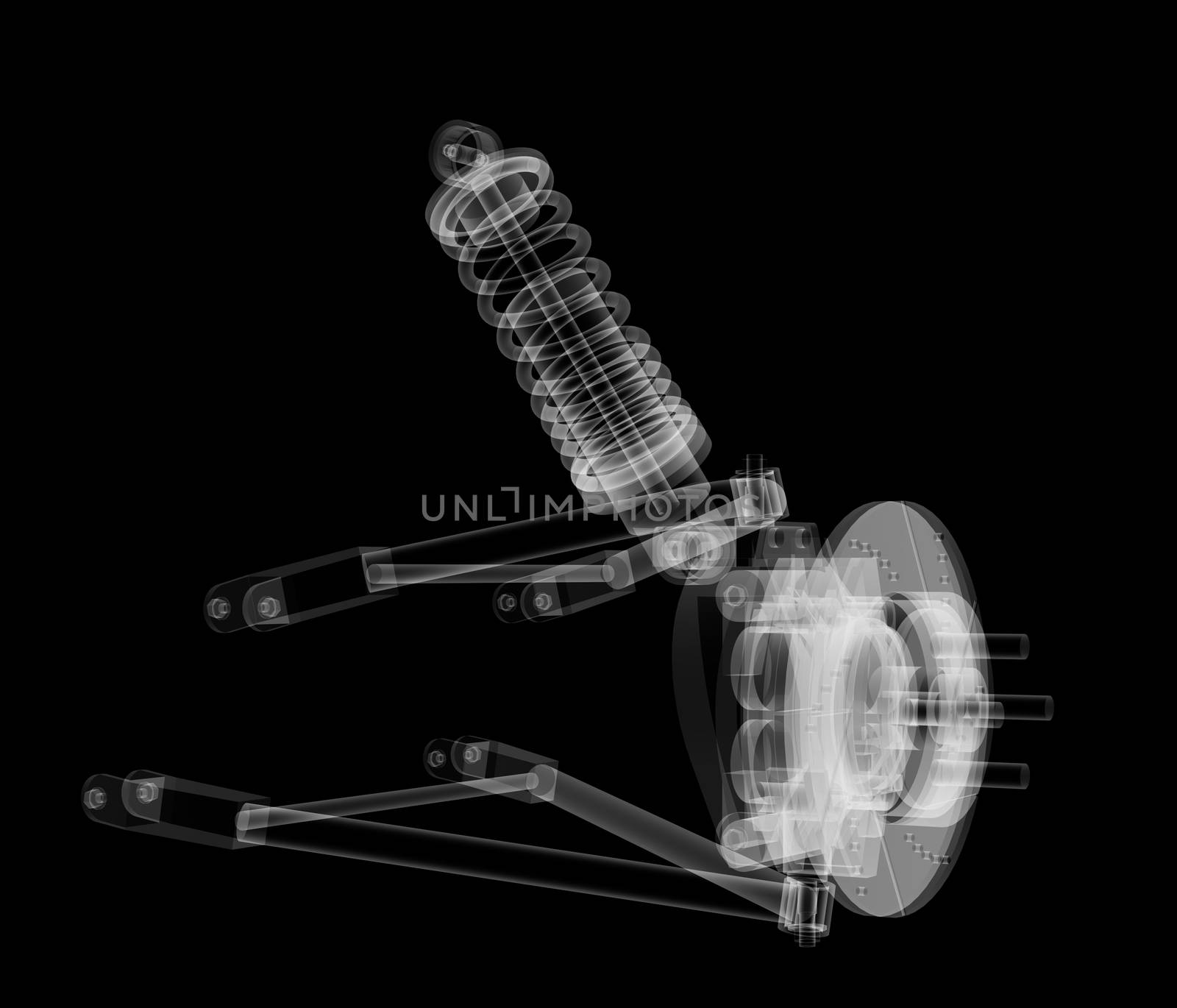 X-ray Car suspension and brake disk on black background, 3d illustration