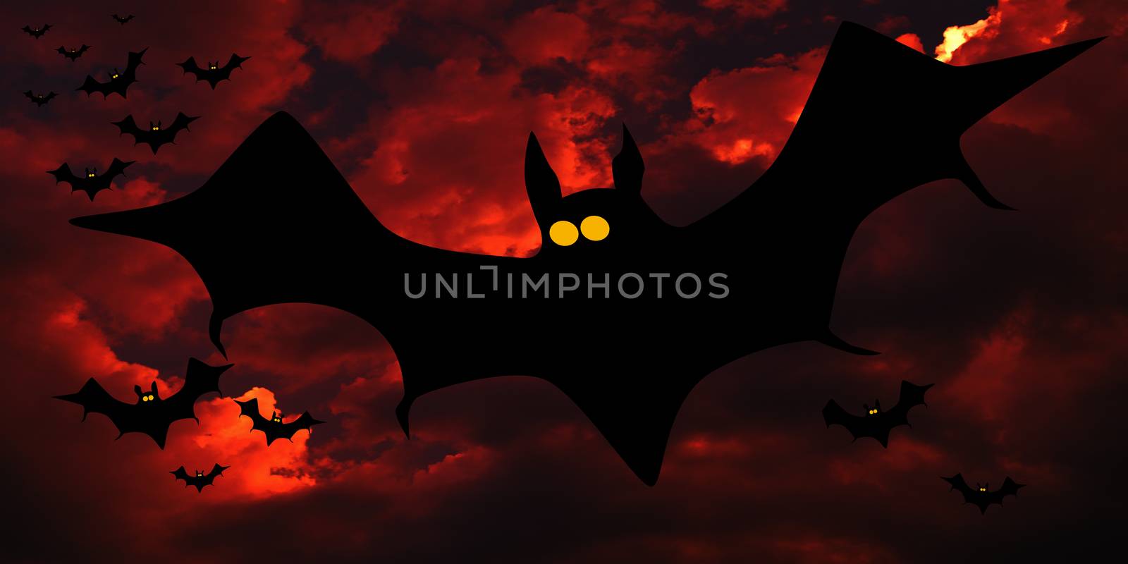 Vampire bats flying in formation across a dark red and dangerous sky