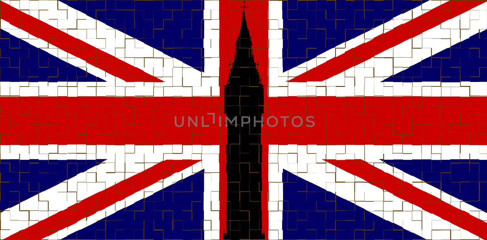 The London landmark Big Ben Clocktower in silhouette over a Union Flag, more often called the Union Jack with a wall tile effect