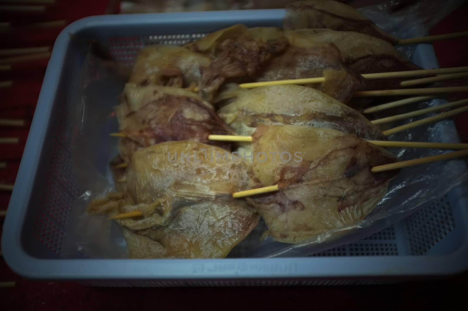 Asian street food Grilled with Chinese Sichuan Peppers (Ma-la) style , Seller prepare for meals, balls, seafoods and vegetables grill with Sichuan pepper.Thai Street food