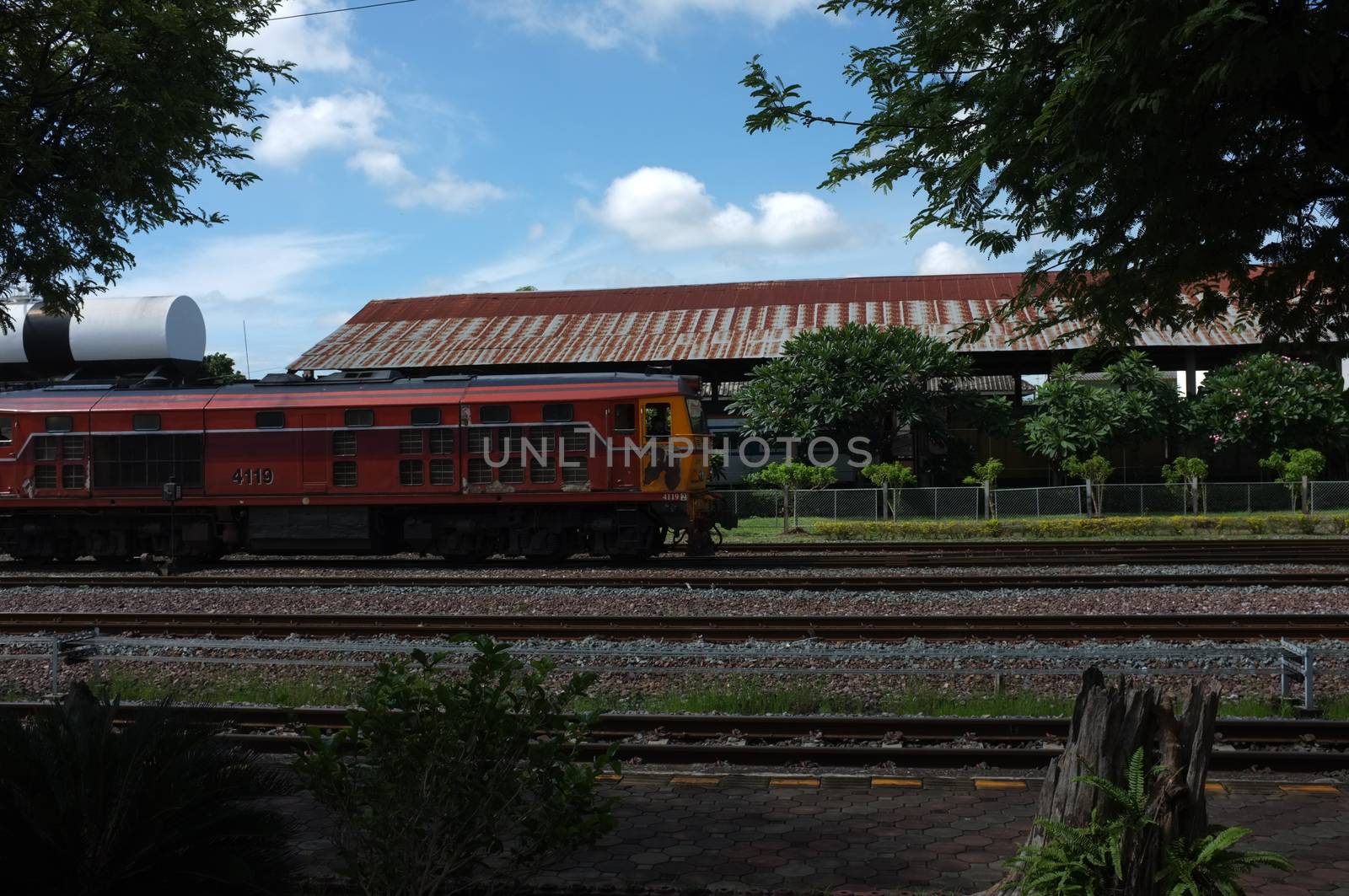 Lampang , Thailand : September 13 2019 : beautiful Diesel electric locomotive  at Lampang station 