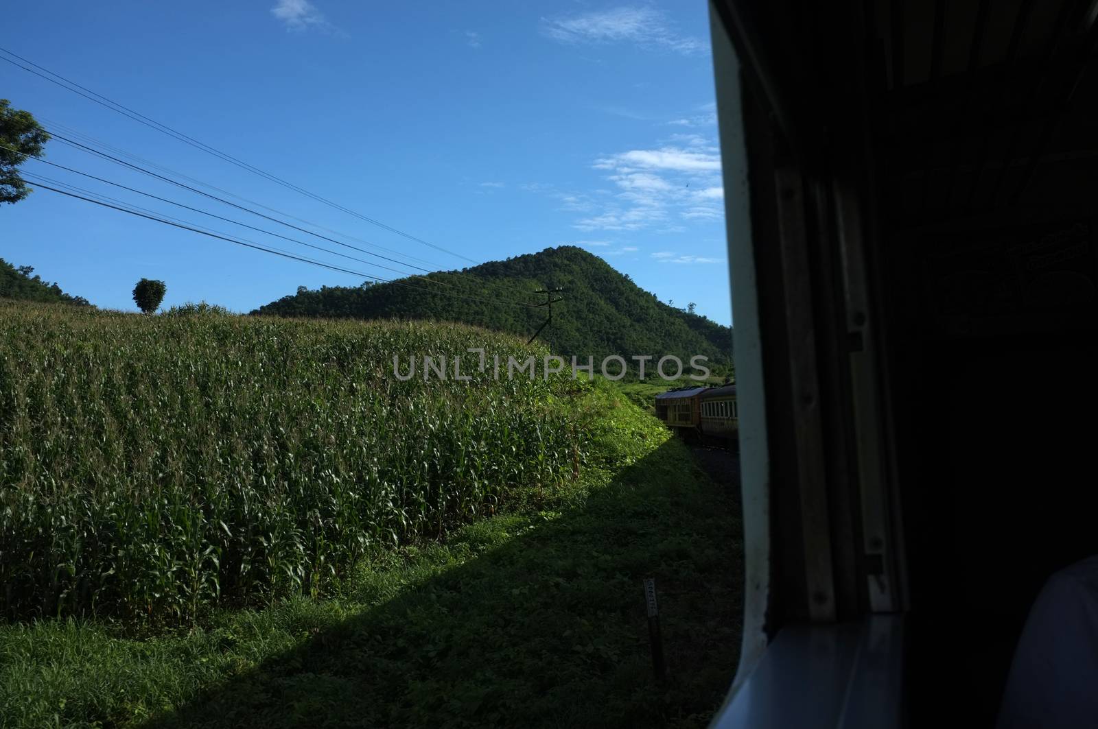 View from train railway makes a curve bend through beautiful natural green grasslands and mountains . Travel in Thailand