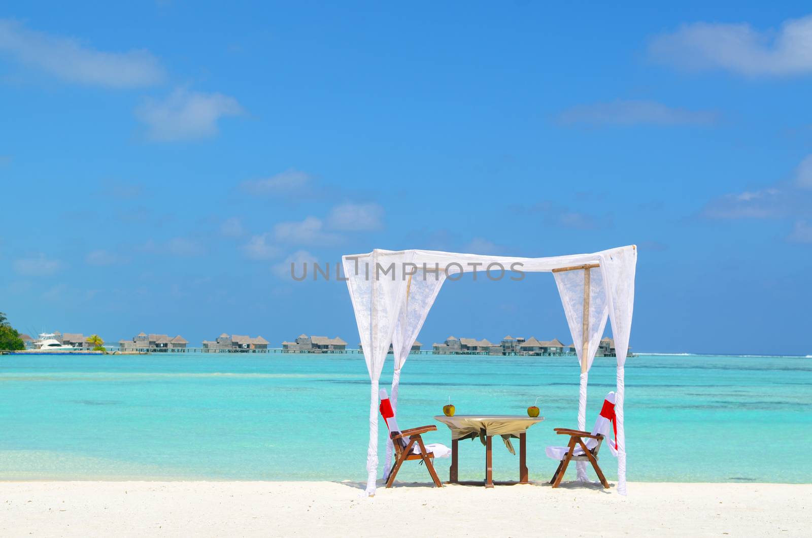  romantic luxury lunch setting at tropical beach in Maldives