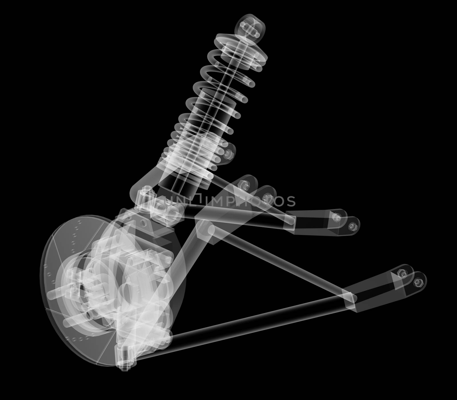 X-ray Car suspension and brake disk on black background, 3d illustration