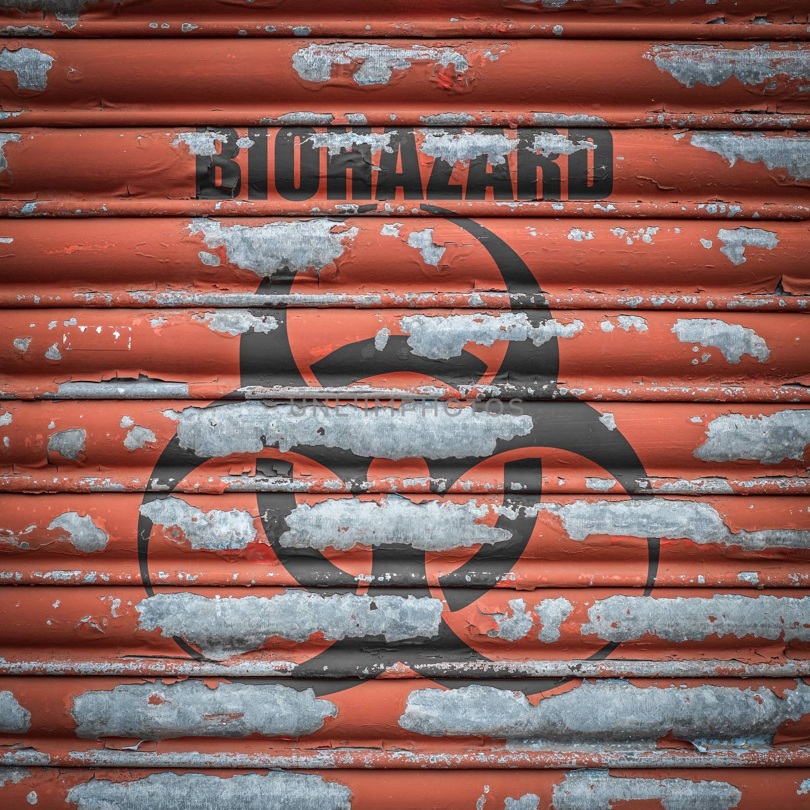 Grungy Metal Shutters With A Scary Biohazard Sign At A Laboratory