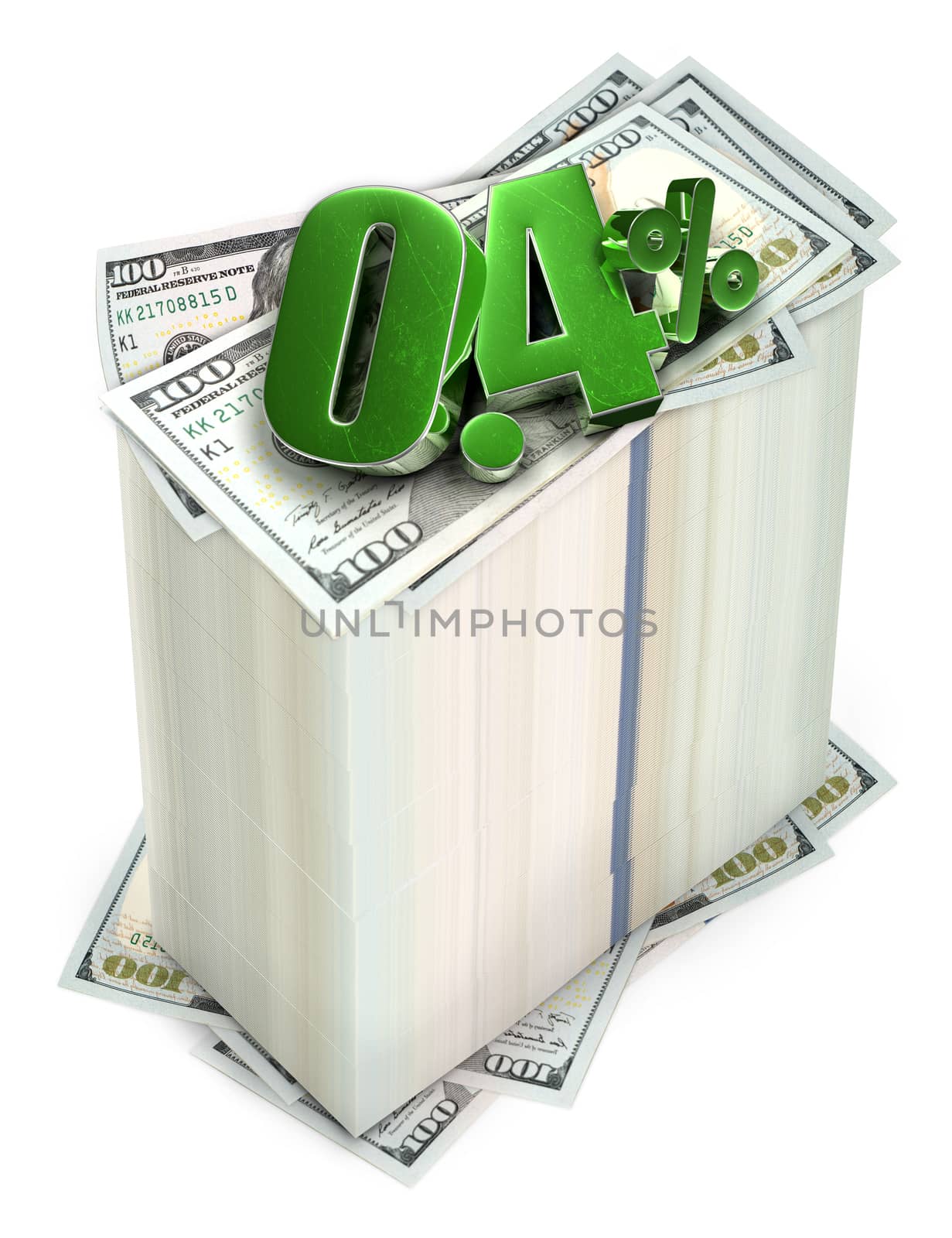 0.4 percent 3d rendering placed on a dollar bill on a white background.(with Clipping Path).