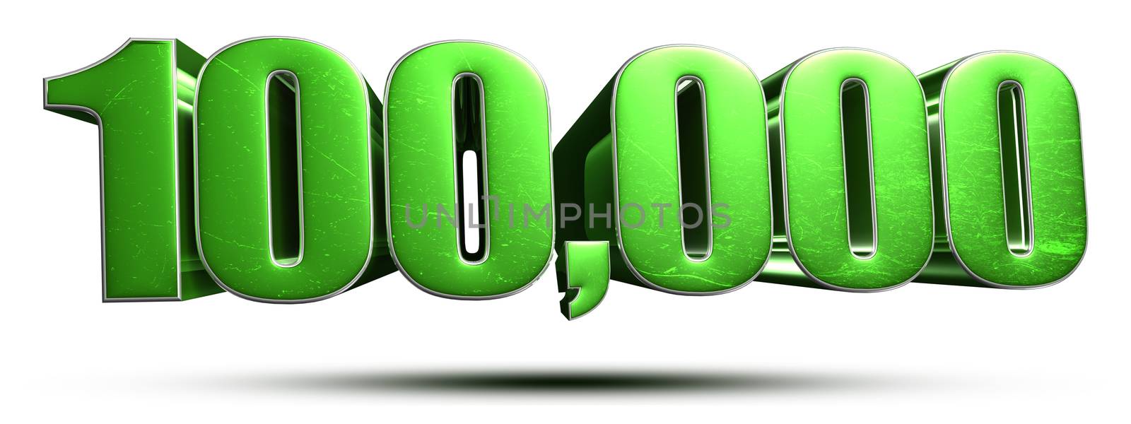 1 hundred thousand numbers green 3d rendering on white background.(with Clipping Path).