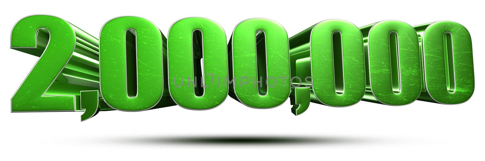 2 million numbers green 3d rendering on white background.(with Clipping Path).