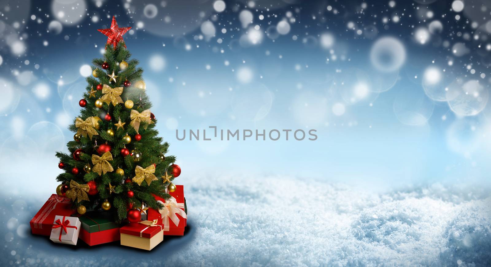 Decorative Christmas Tree over winter snowy background with copy space