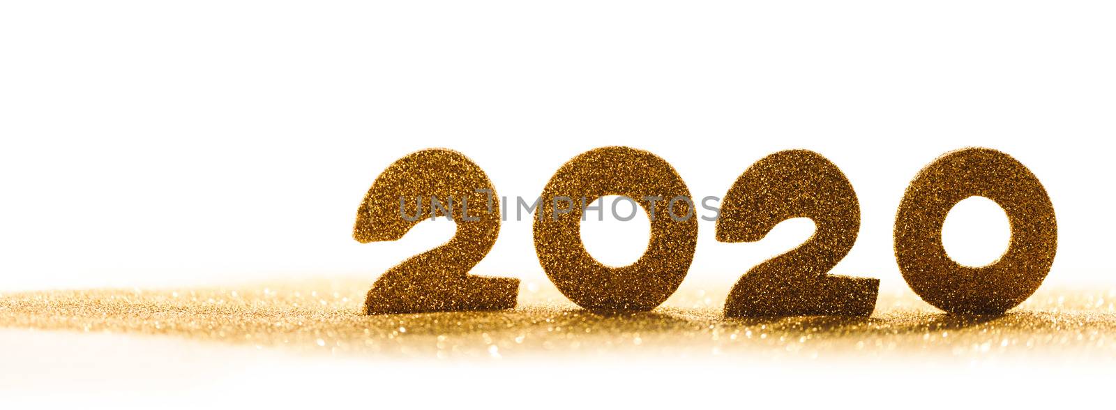 2020 New Year luxury design concept. Golden 2020 New Year horizontal template with golden glitter isolated on white backgound
