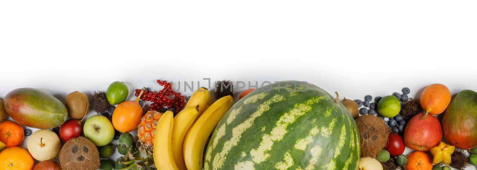 Fresh tropical fruits harvest pile stripe border frame isolated on white background with copy space for text