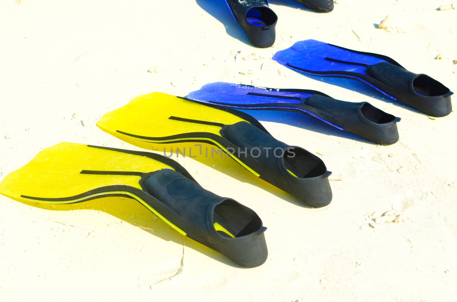 Deep Blue and Yellow  Fins for Diving, Snorkeling  on the beach,maldives island.