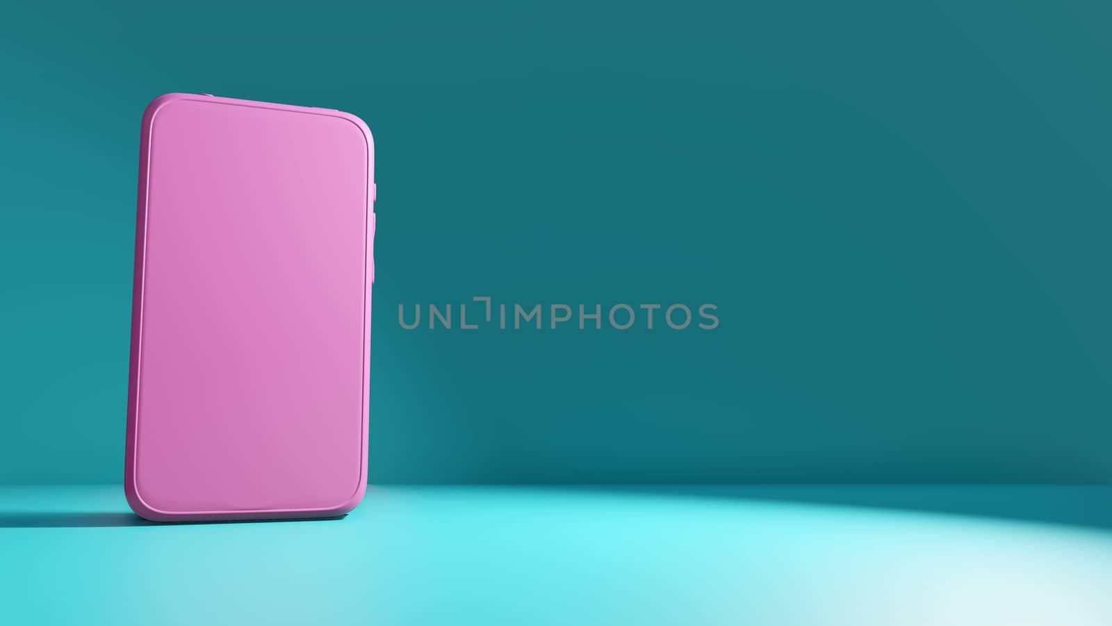 Pink smartphone mockup with blank screen on a green-blue background. 3D rendering