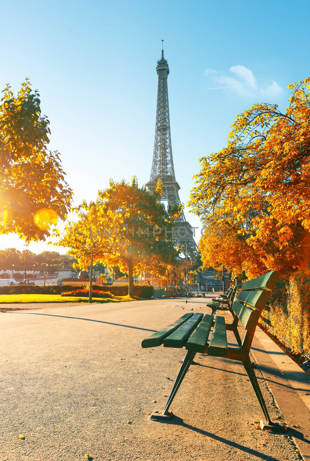 Sunny morning and Eiffel Tower in autumn, Paris, France