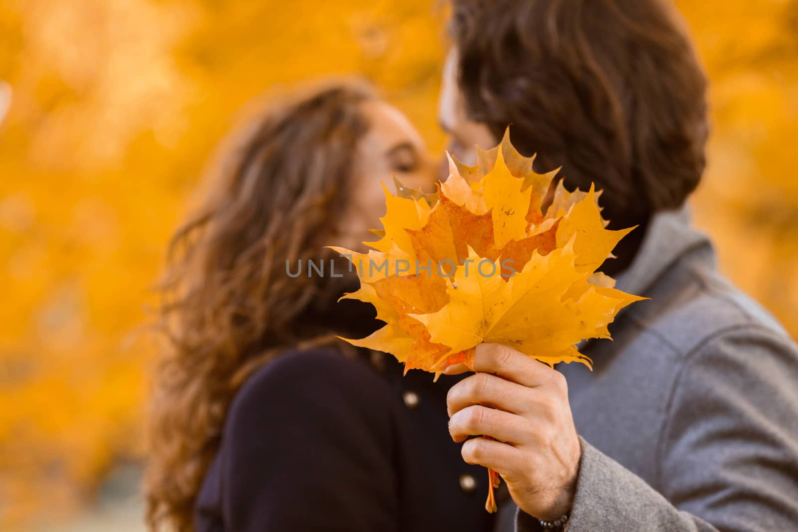 Couple kissing in autumn park by ALotOfPeople